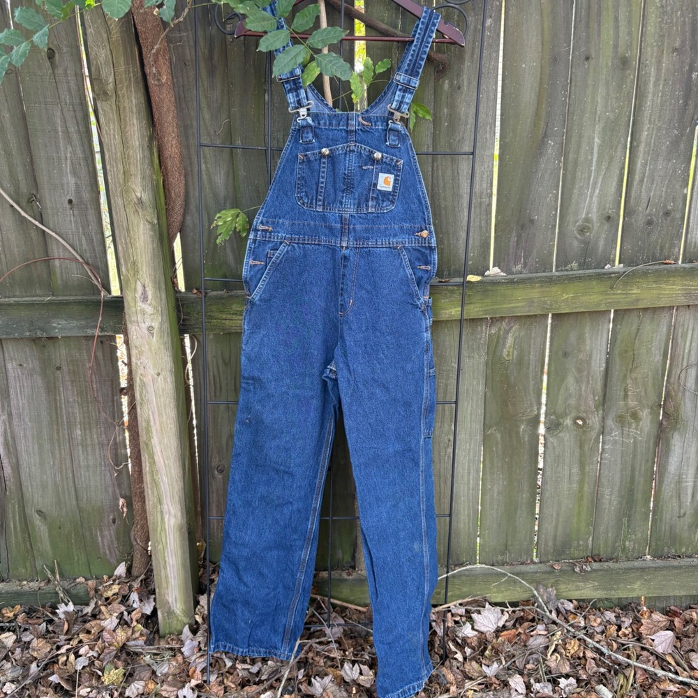 Carhartt Mens Dark Wash Denim Bib Overalls Straight Leg Workwear Utility Pants